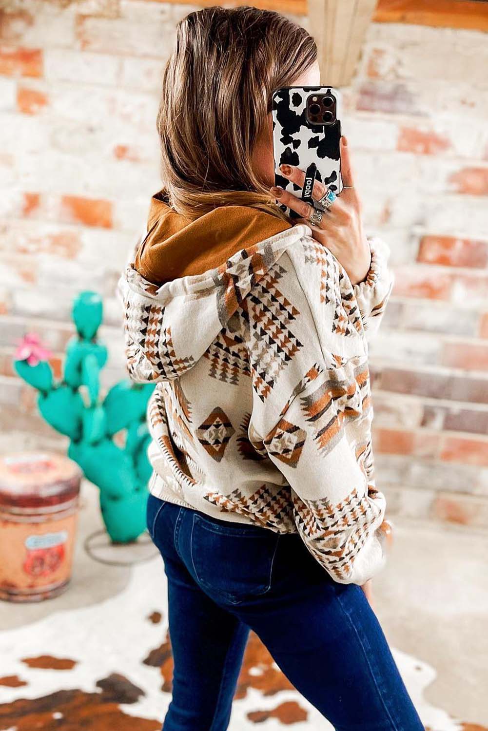 Beige Aztec Print Kangaroo Pocket Half-Zip Hoodie