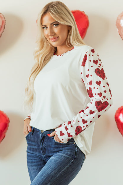 White Heart Shape Print Round Neck Long Sleeve T Shirt