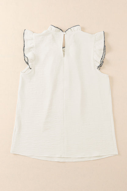 White Contrast Trim Ruffled Crew Neck Sleeveless Top