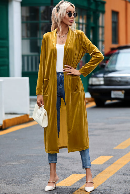 Yellow Velvet Open Front Pocketed Long Duster