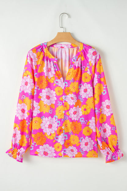 Rose Floral Print Flounce Sleeve Notched Neck Blouse