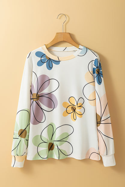 Beige Flower Print Crew Neck Long Sleeve T Shirt