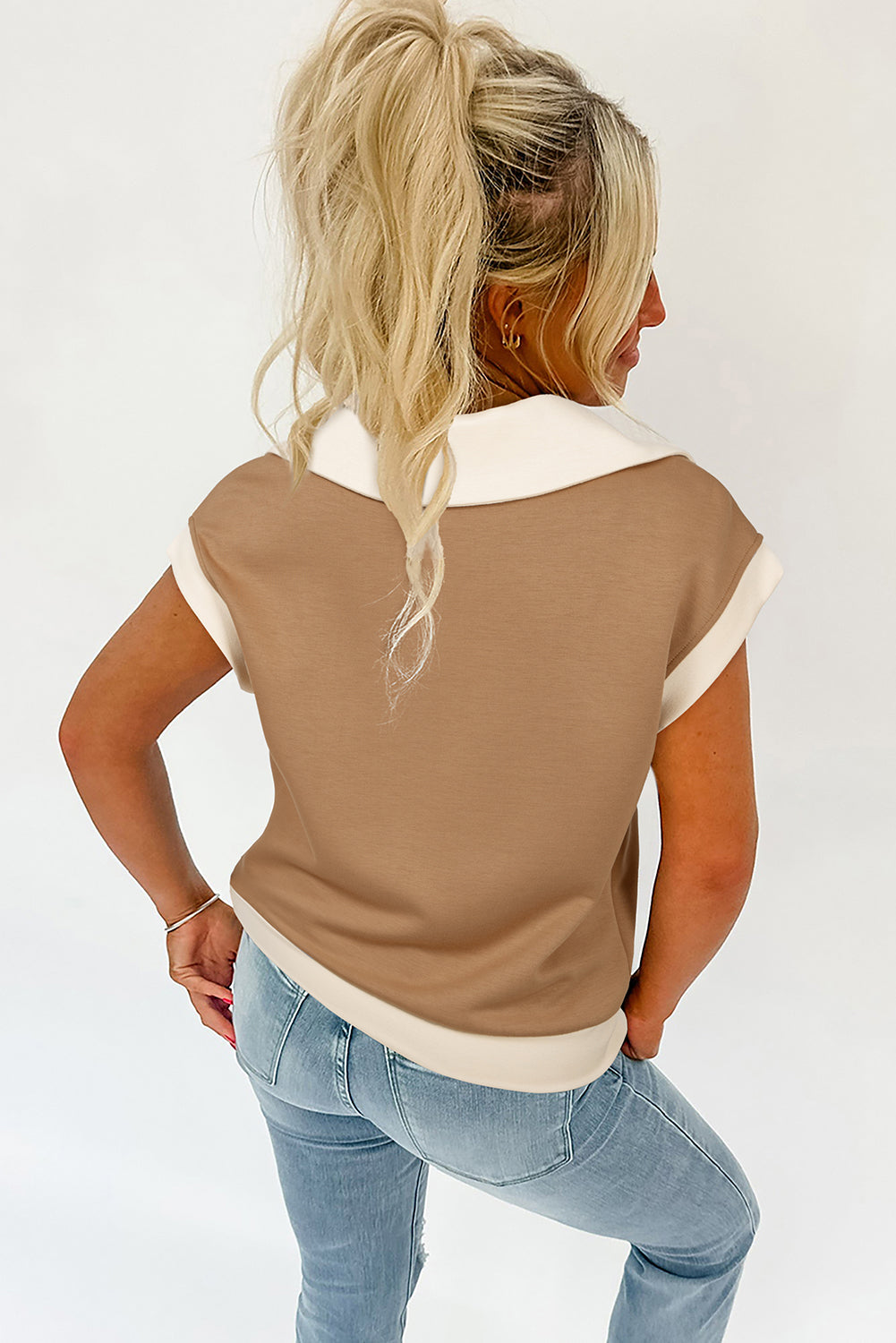 Simply Taupe Half Zipper Collared Colorblock Short Sleeve Top