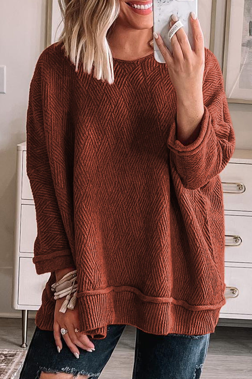 Gold Flame Solid Color Textured Crew Neck Loose Sweater