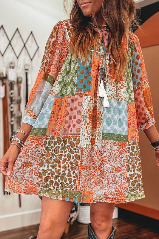 Orange Boho Paisley Mixed Print 3/4 Sleeve Chiffon Loose Dress