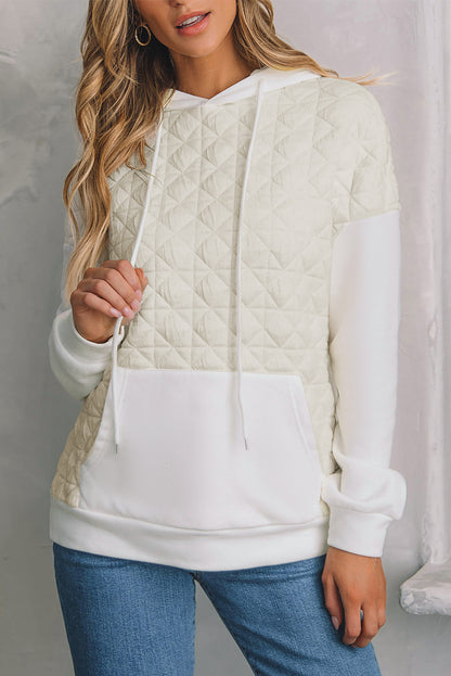 Beige Drop Shoulder Quilted Patchwork Kangaroo Pocket Hoodie