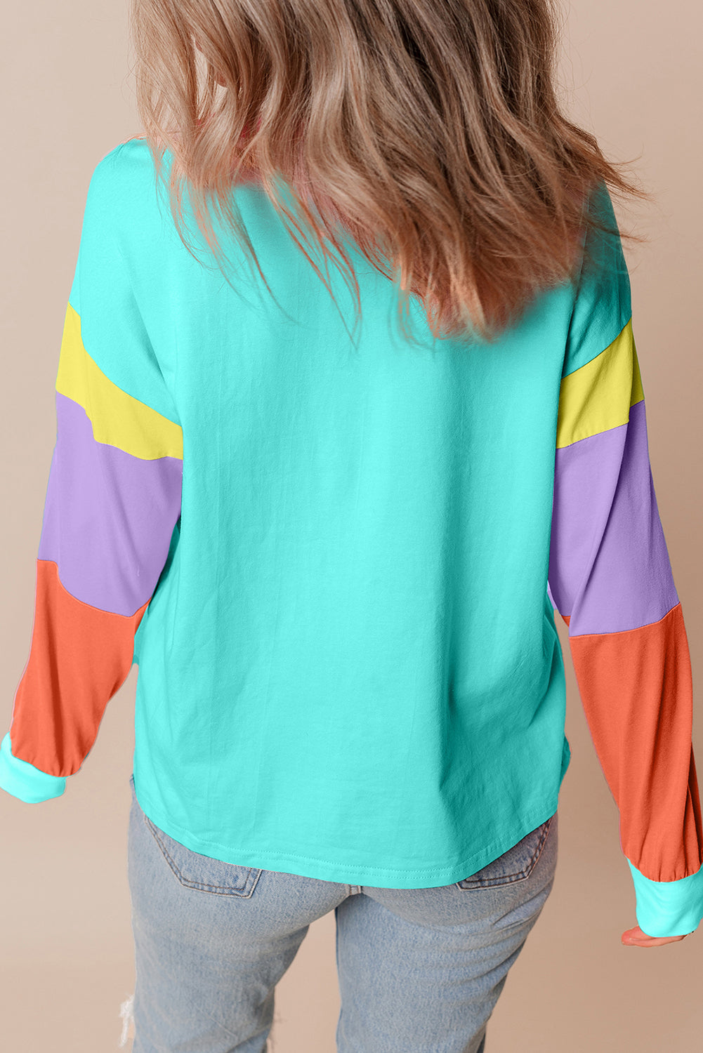 Light Blue Colorblock Patchwork Long Sleeve Loose Top