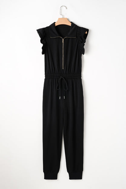 Black Zipper Flutter Sleeve Drawstring High Waist Jumpsuit