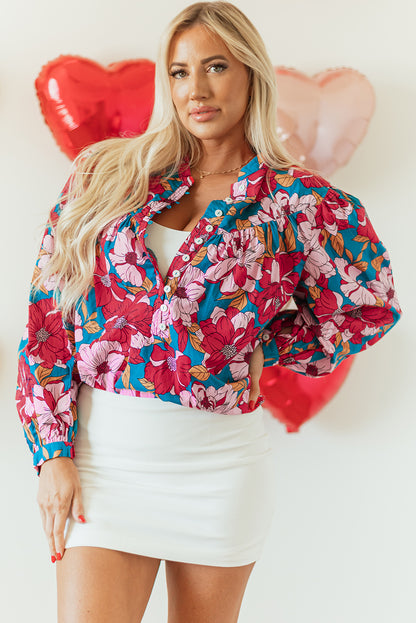 Red Floral Printed Balloon Sleeve Half Buttons Blouse