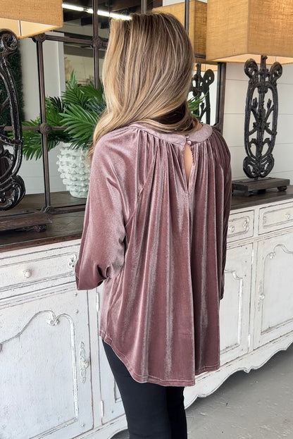 Rose Tan Button Keyhole Back Velvet Swing Top