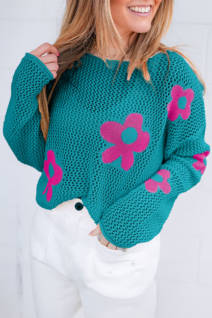 Sea Green Big Flower Hollowed Knit Drop Shoulder Sweater