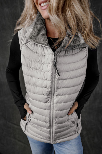 Silvery Plush Collared Quilted Zipped Puffer Vest