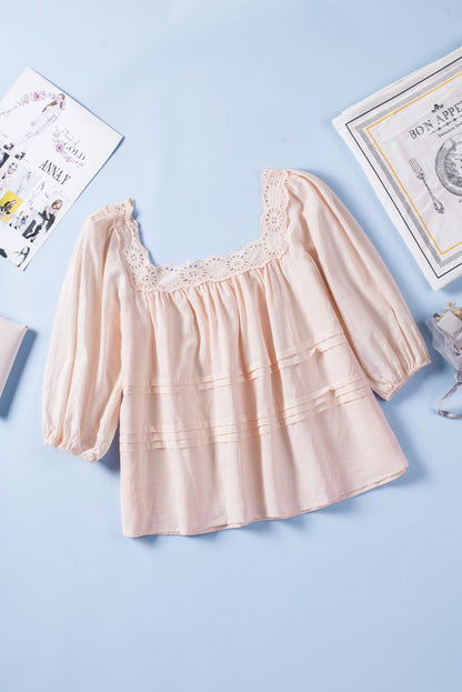 Beige Puff Sleeve Eyelet Babydoll Blouse