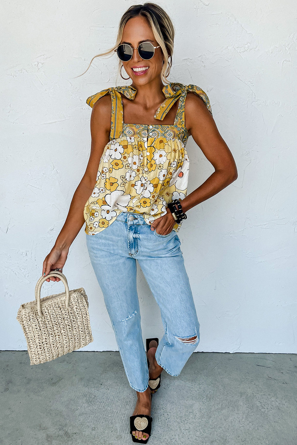 Yellow Floral Patchwork Tied Straps Buttoned Tank Top