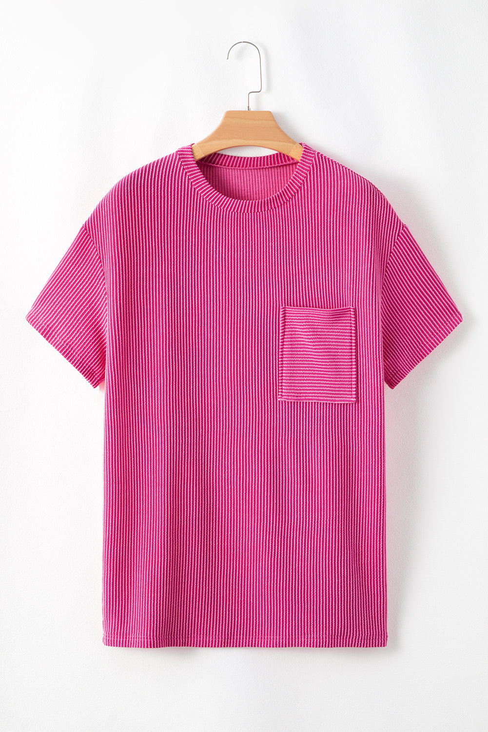 Pink Pocketed Knit T-Shirt - Loose Fit & Corded Design