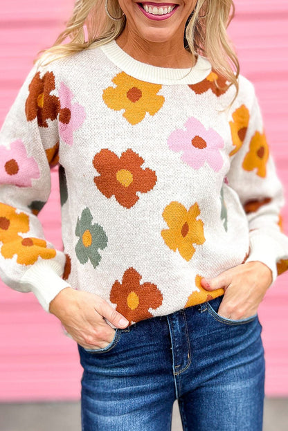 White Sweet Flower Knitted Ribbed Hem Sweater