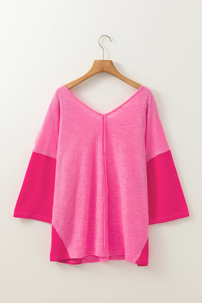 Sachet Pink Contrast Patchwork 3/4 Sleeve V Neck Loose Blouse