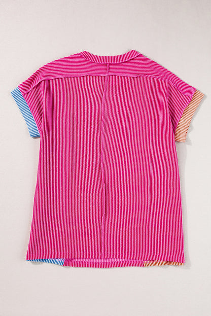 Rose Red Textured Colorblock Crew Neck T Shirt