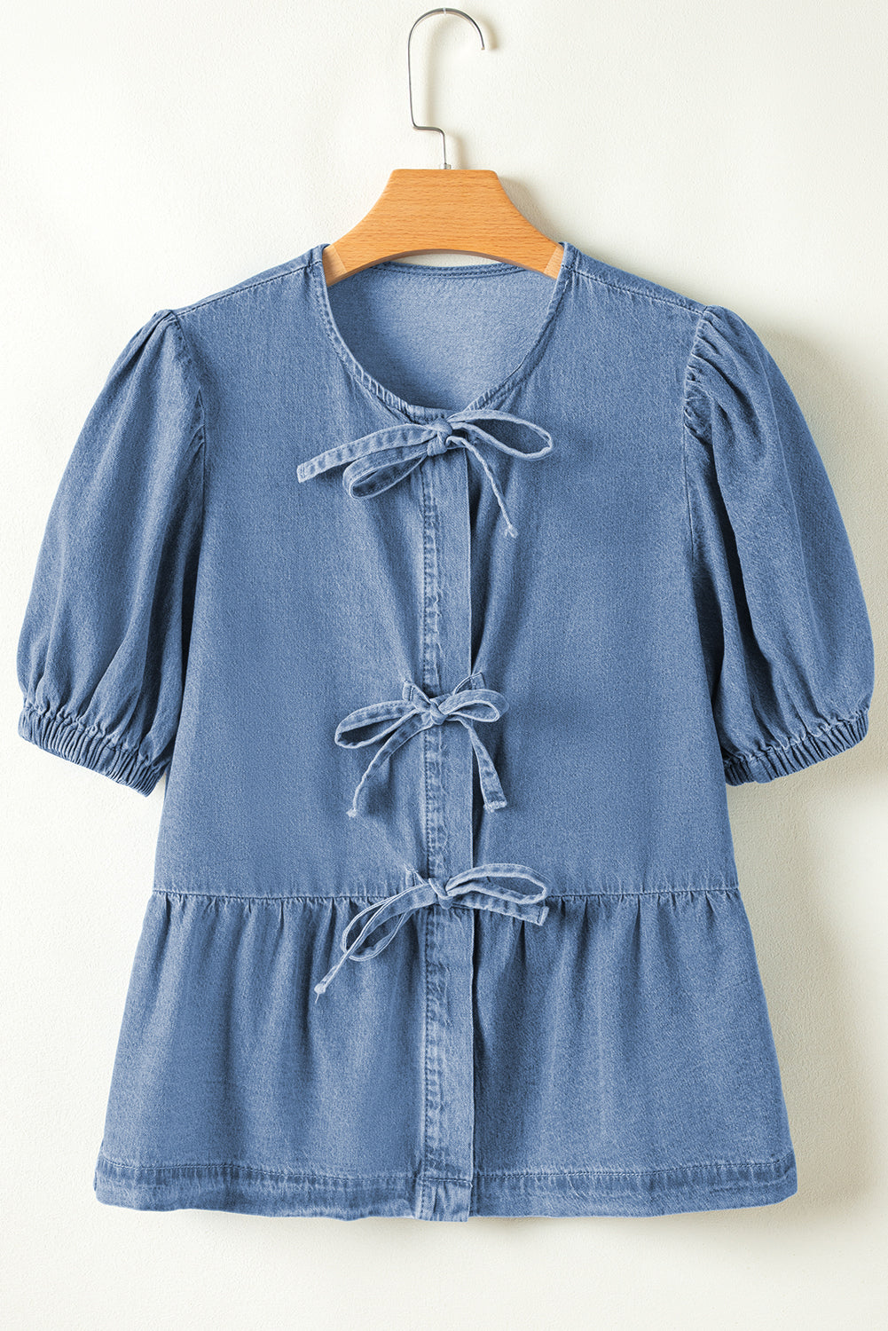 Dusk Blue Tied Front Bubble Sleeve Peplum Denim Shirt