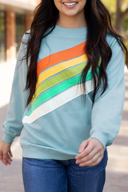 Beau Blue Rainbow Colorblock Striped Pullover Sweatshirt