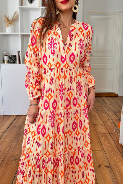 Orange Western Abstract Geometric Printed Maxi Dress