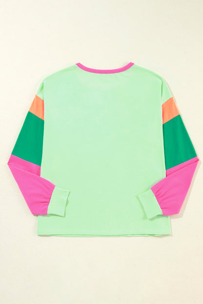 Green Colorblock Patchwork Long Sleeve Loose Top