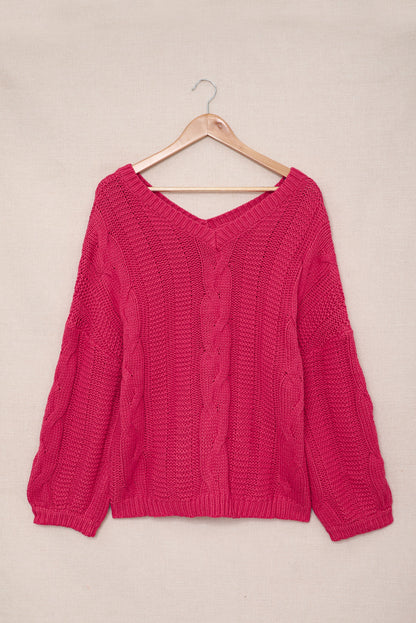 Rose Bubblegum V-Neck Braided Knit Sweater