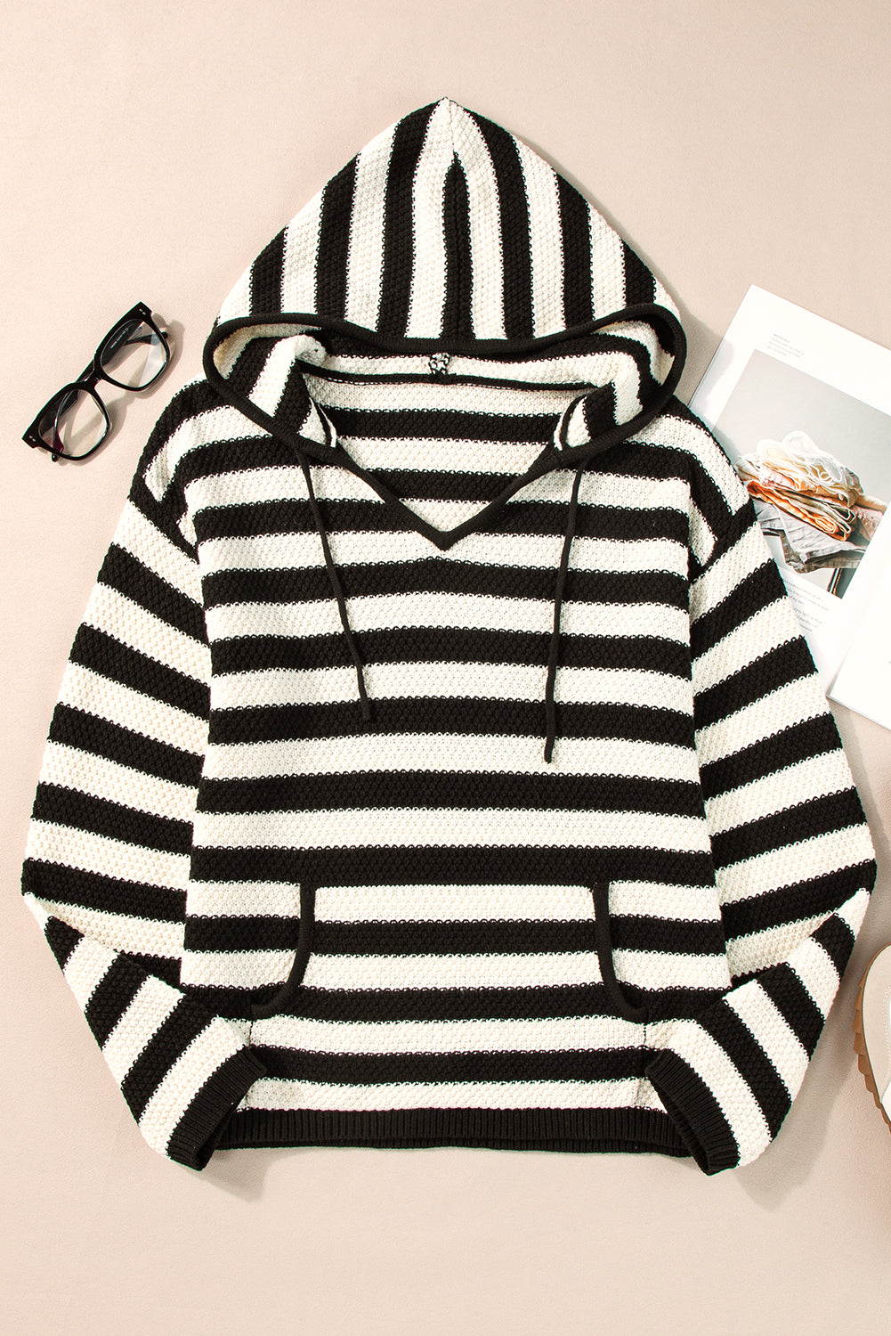 White Stripe V Neck Pocketed Drawstring Hooded Sweater