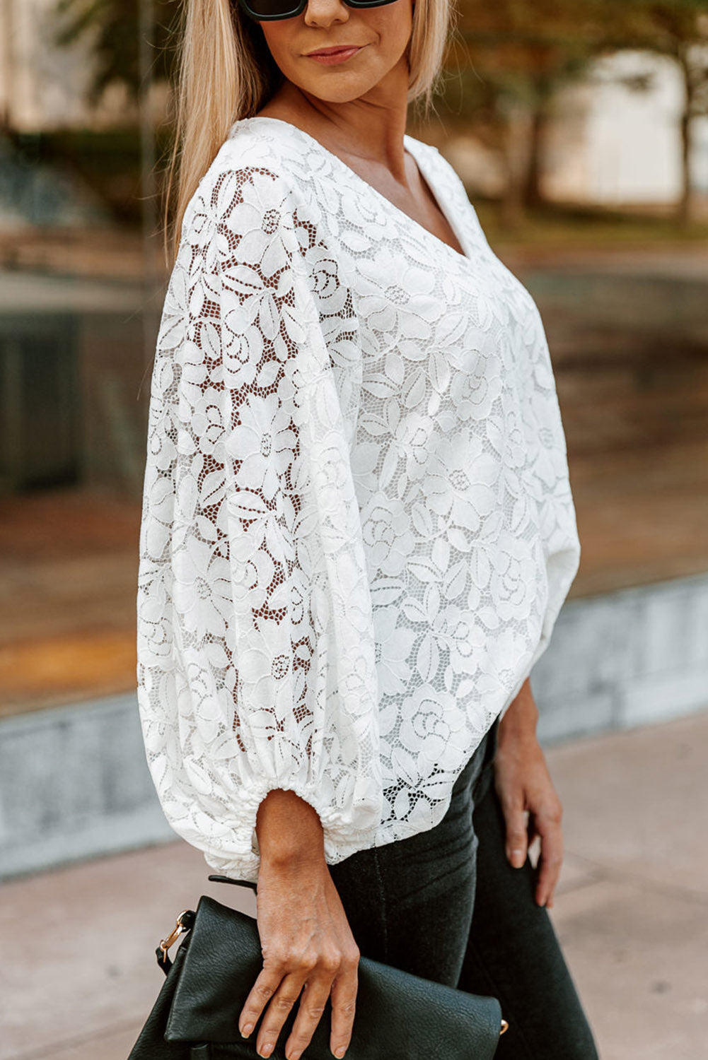 White Floral Lace Crochet Loose Fit V Neck Top