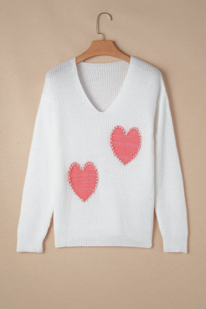 White Pearl Beaded Heart Pattern Fuzzy V Neck Sweater