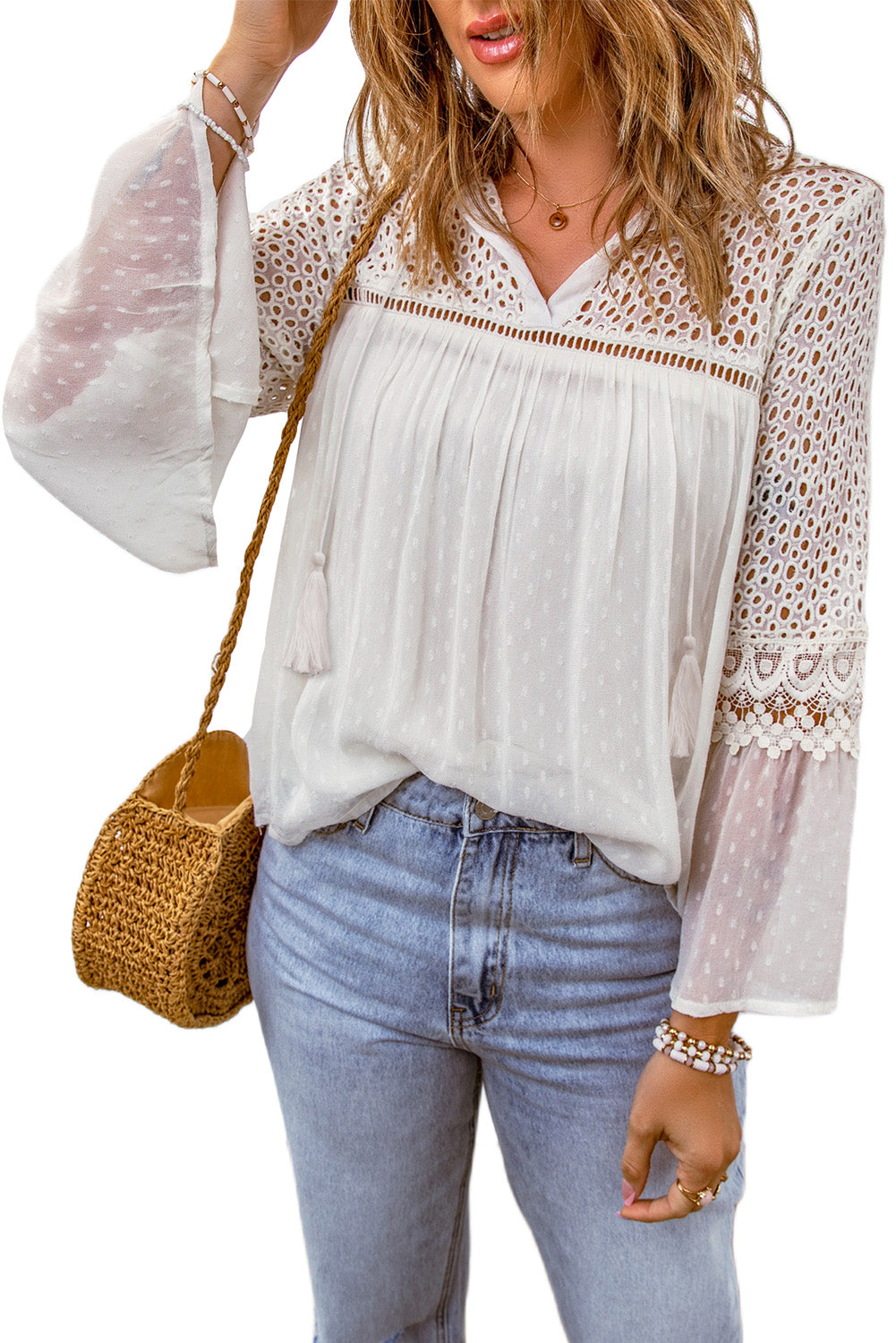 White Lace Crochet Hollow Out Swiss Dot Blouse