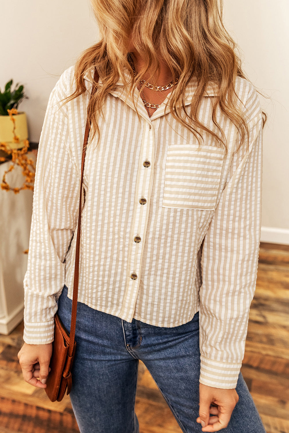 Stripes Chest Pocket Crinkled Shirt