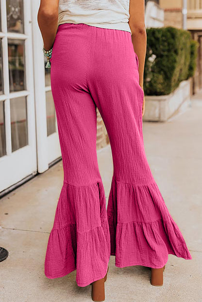 Rose Textured High Waist Ruffled Bell Bottom Pants