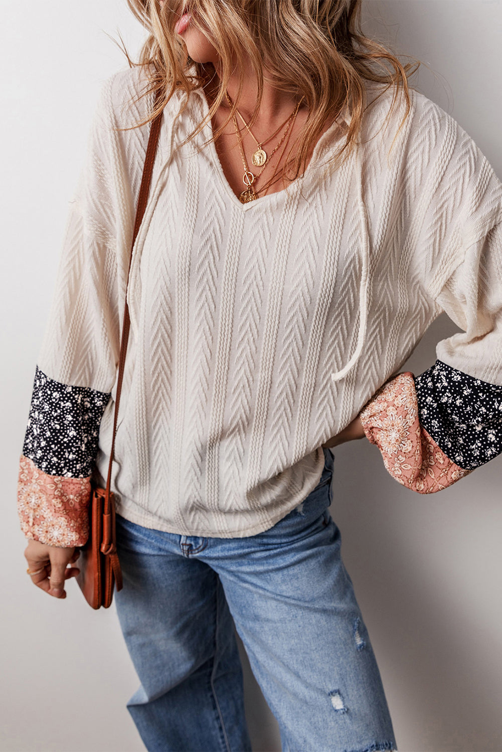 Beige Floral Patchwork Textured Knit Drawstring V Neck Blouse