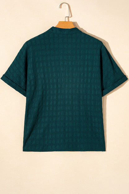 Sea Green Solid Textured Split Neck Short Sleeve Blouse