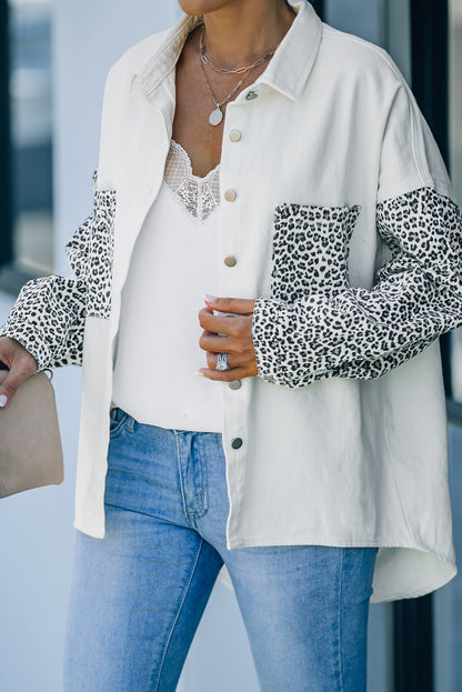 White Contrast Leopard Denim Jacket