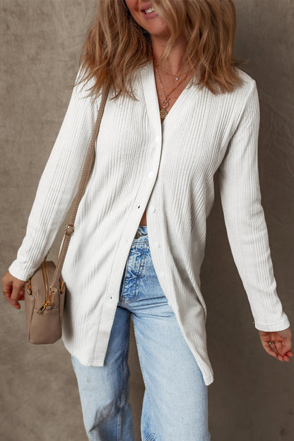 White Solid Color Ribbed Button up Tunic Cardigan