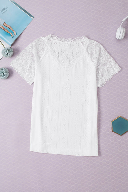 White Sheer Lace Short Sleeves Eyelet Embroidered Tee