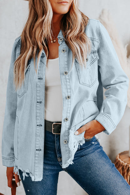 Sky Blue Flap Pocket Buttoned Raw Hem Denim Jacket