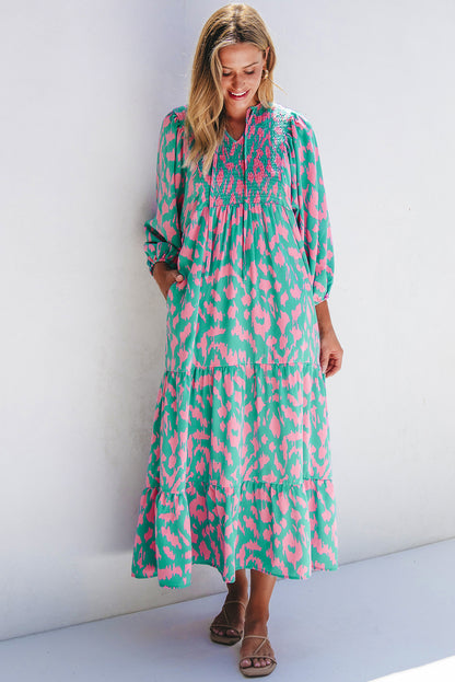 Green Abstract Print Puff Sleeve Long Dress