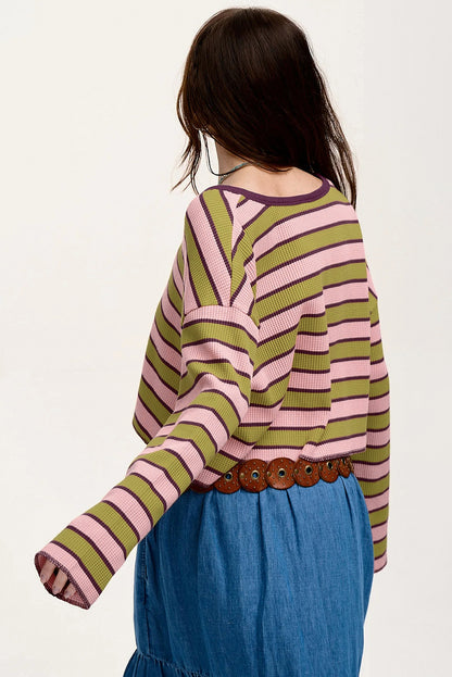 Spinach Green Clashing Stripes Waffle Texture Notched Neck Long Sleeve Top