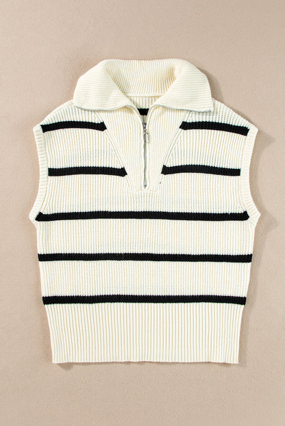 White Stripe Zipped Collar Cap Sleeve Knit Top