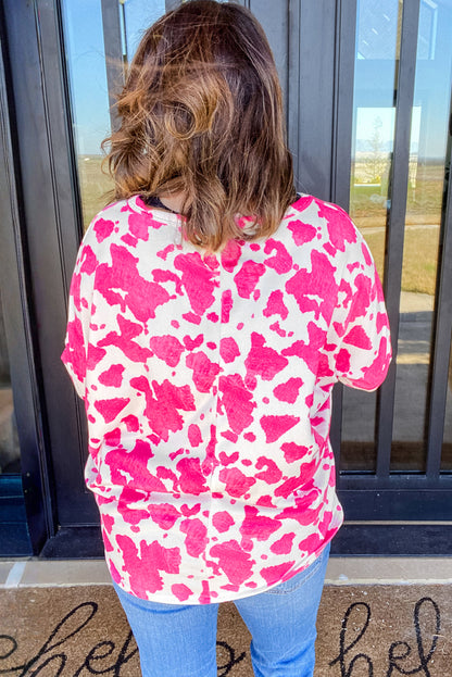 Rose Animal Print Long Sleeve V Neck Plus Size Top