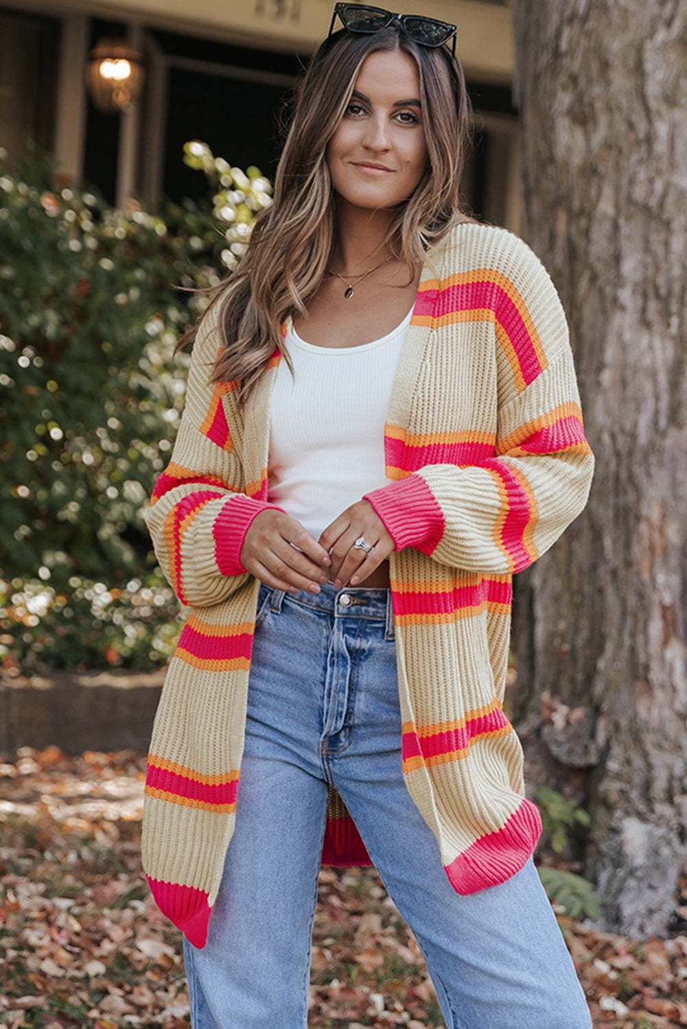 Stripe Printed Ribbed Long Knitted Cardigan