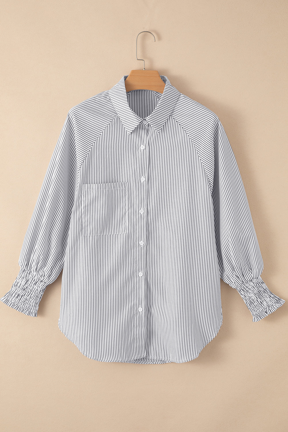 Smocked Cuffed Striped Boyfriend Shirt with Pocket