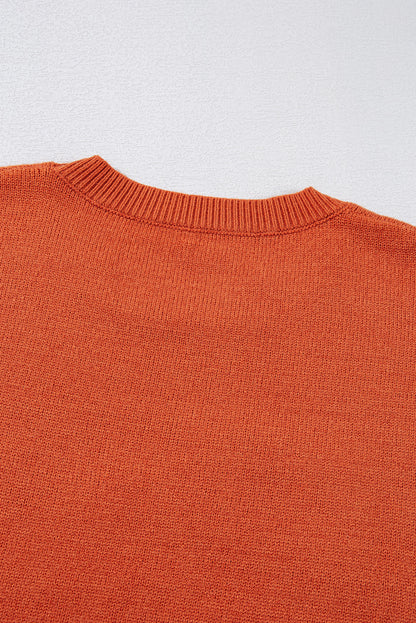 Orange Boo Knitted Pattern Ribbed Edge Drop Shoulder Sweater