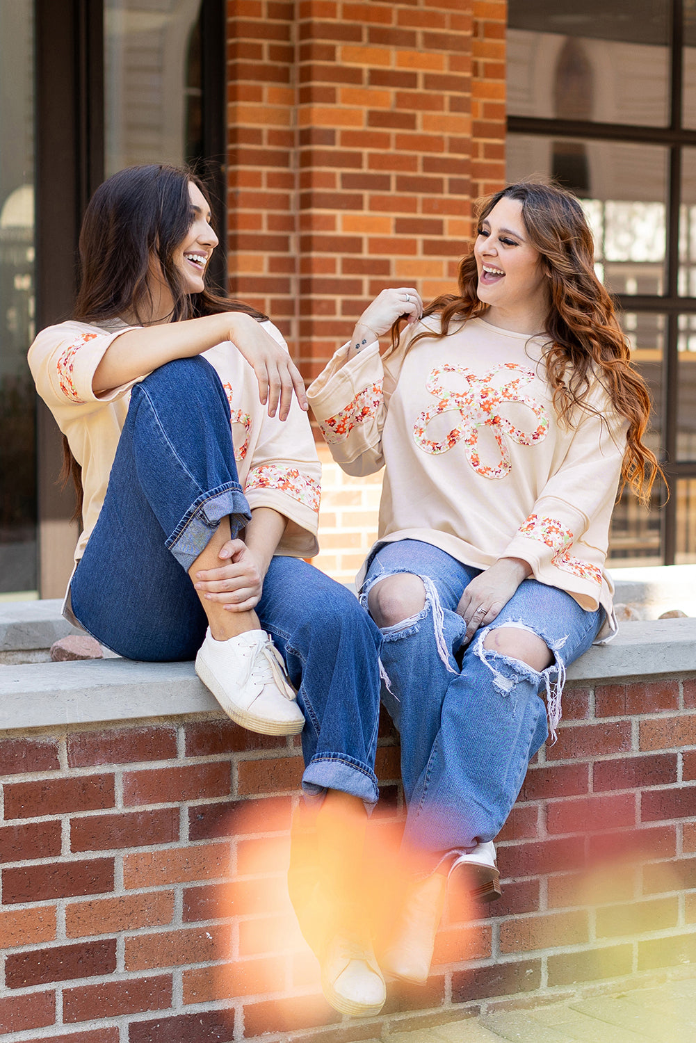 Beige Flower Patch Graphic Exposed Seam Wide Sleeve Top