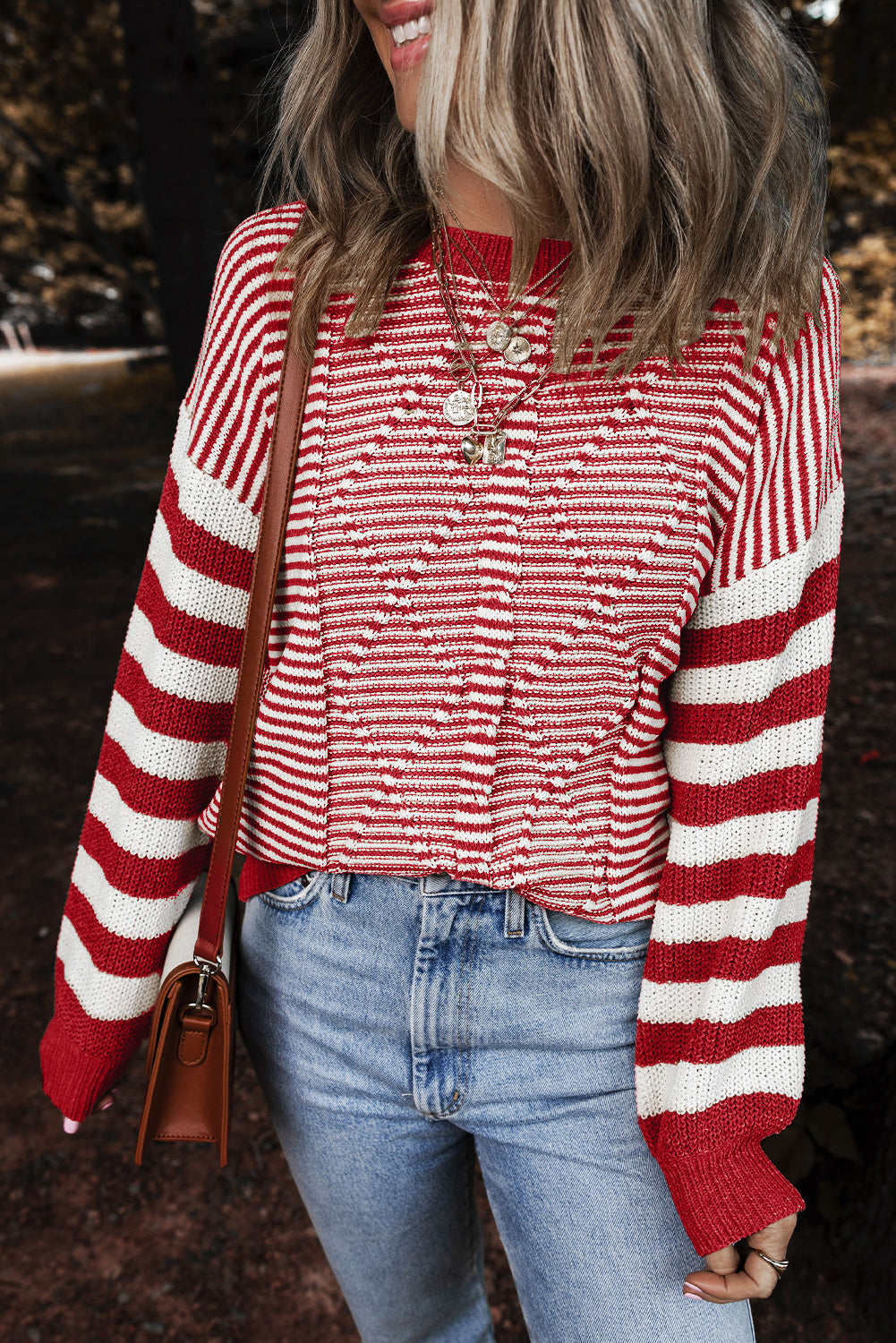 Red Stripe Geometric Textured Drop Shoulder Sweater