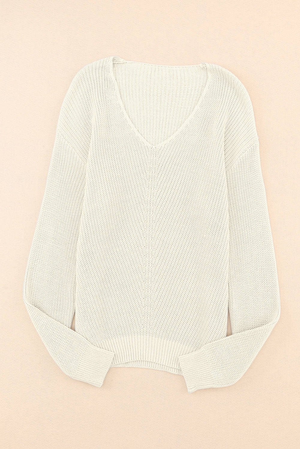 Beige Ribbed Knit V Neck Sweater