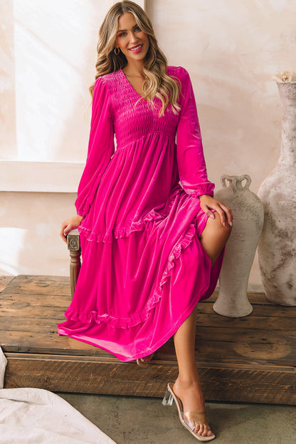 Rose Red Shirred V Neck Long Sleeve Velvet Dress